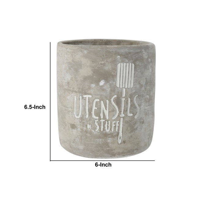 Round Cemented Utensils Jar with Engraved Typography, Gray