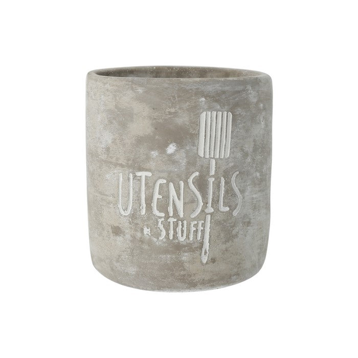 Round Cemented Utensils Jar with Engraved Typography, Gray