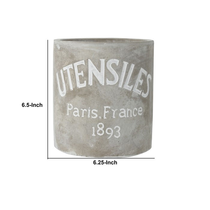 Round Cemented Utensils Jar with Engraved Typography, Gray