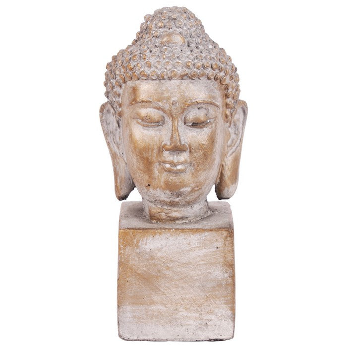 Buddha Figurine with Ushnisha Head on Rectangular Base, Brown and Gray
