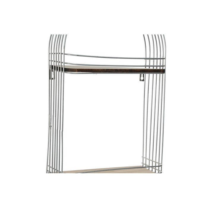 Oblong Metal Frame with 2 Wooden Shelves and Hangers, Silver and Brown