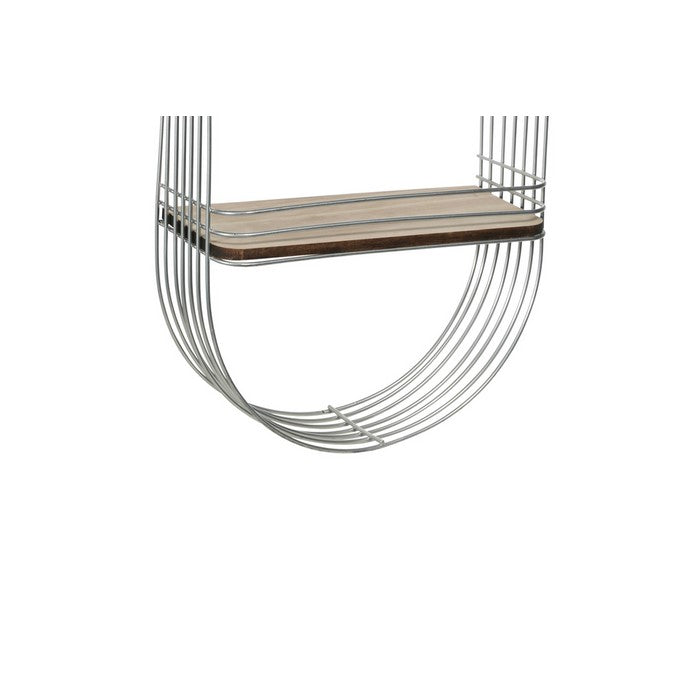 Oblong Metal Frame with 2 Wooden Shelves and Hangers, Silver and Brown