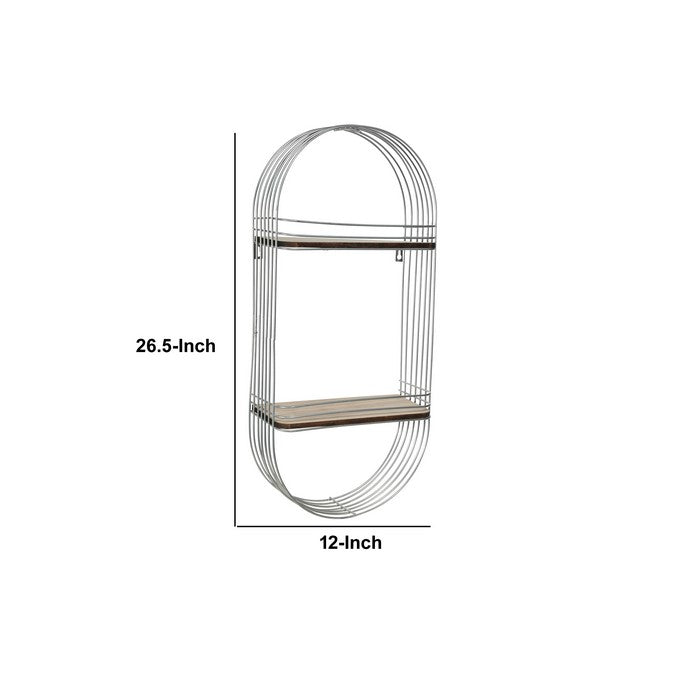 Oblong Metal Frame with 2 Wooden Shelves and Hangers, Silver and Brown