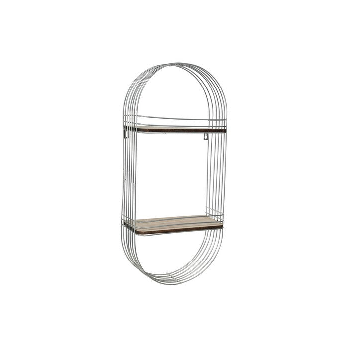 Oblong Metal Frame with 2 Wooden Shelves and Hangers, Silver and Brown