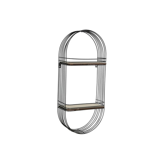 Oblong Metal Frame with 2 Wooden Shelves and Hangers, Black and Brown