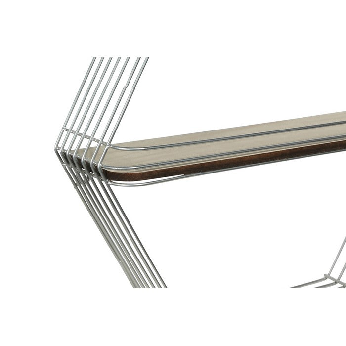 Wooden Wall Shelf and Hangers with Hexagonal Metal Frame, Silver and Brown