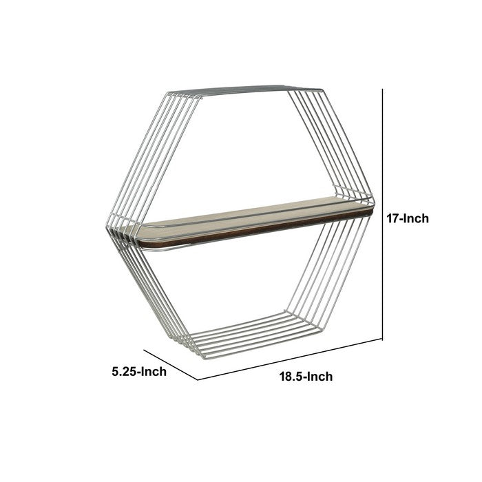 Wooden Wall Shelf and Hangers with Hexagonal Metal Frame, Silver and Brown