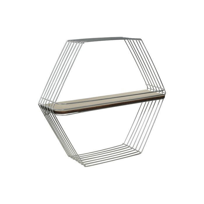 Wooden Wall Shelf and Hangers with Hexagonal Metal Frame, Silver and Brown