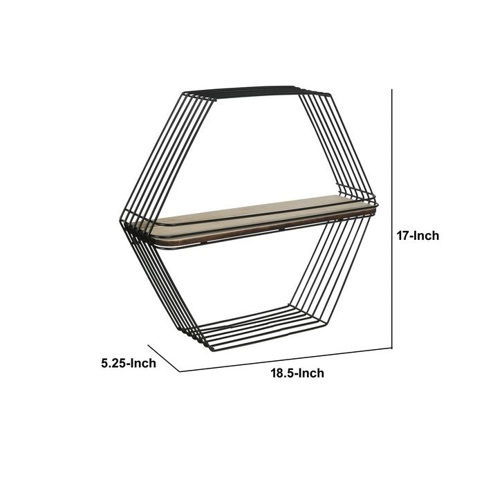 Wooden Wall Shelf and Hangers with Hexagonal Metal Frame, Black and Brown