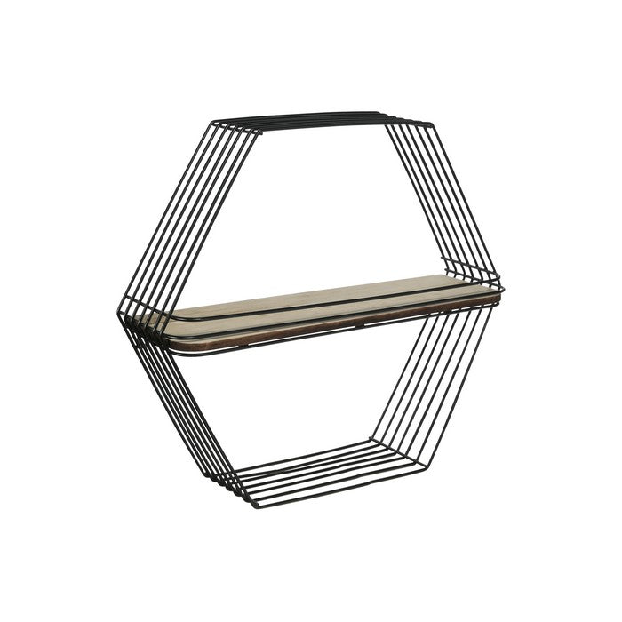 Wooden Wall Shelf and Hangers with Hexagonal Metal Frame, Black and Brown