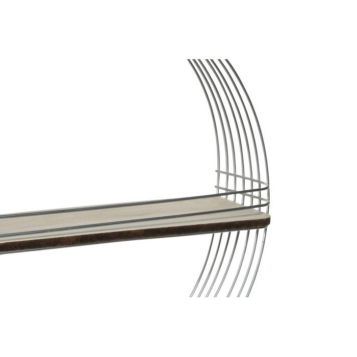 Multiple Rings Round Metal Frame with 1 Wooden Shelf, Silver and Brown