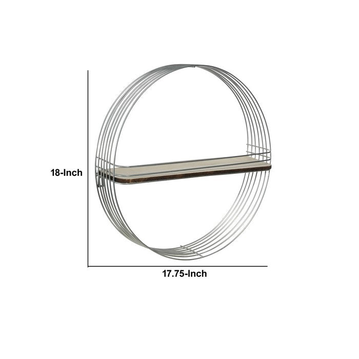 Multiple Rings Round Metal Frame with 1 Wooden Shelf, Silver and Brown