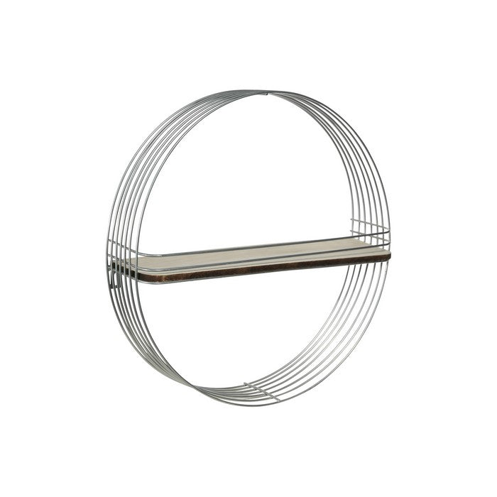 Multiple Rings Round Metal Frame with 1 Wooden Shelf, Silver and Brown