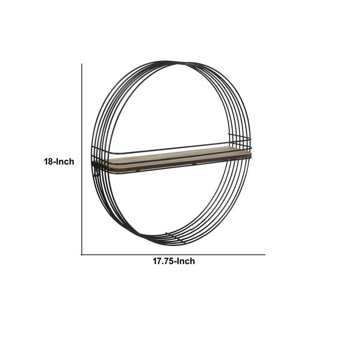 Multiple Rings Round Metal Frame with 1 Wooden Shelf, Black and Brown