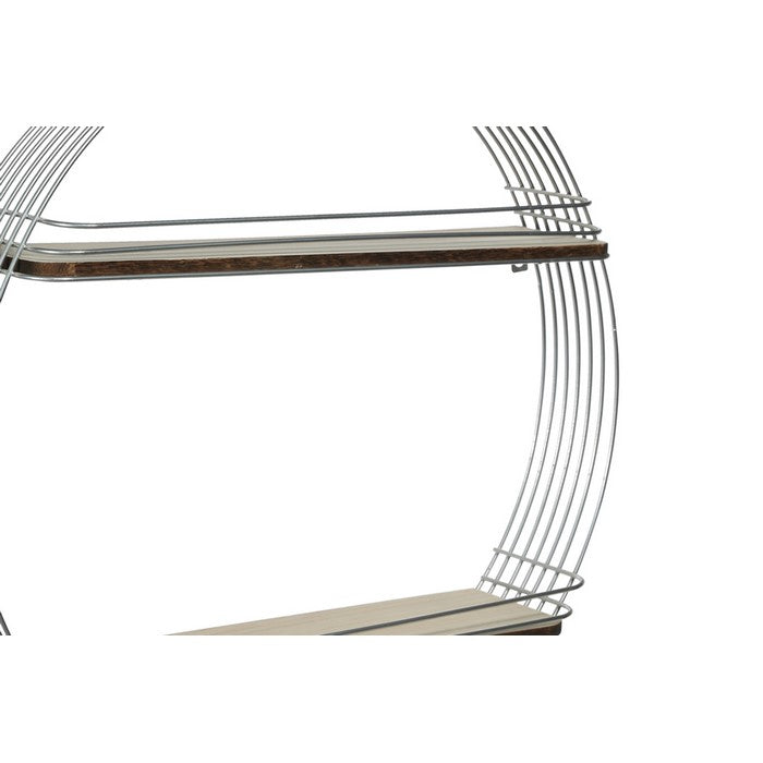 Metal Round Wall Shelf with 2 Tier Wooden Surface, Brown and Silver