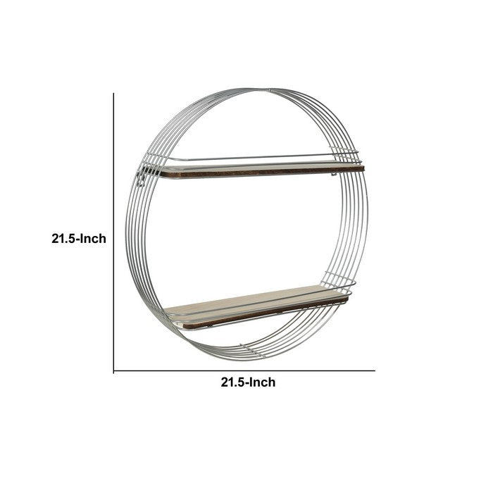 Metal Round Wall Shelf with 2 Tier Wooden Surface, Brown and Silver