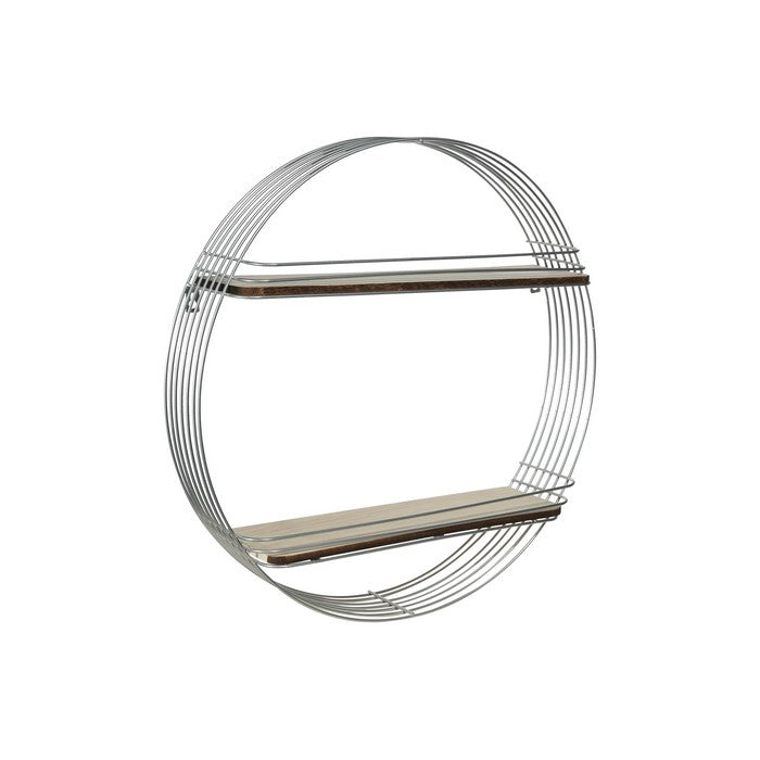 Metal Round Wall Shelf with 2 Tier Wooden Surface, Brown and Silver