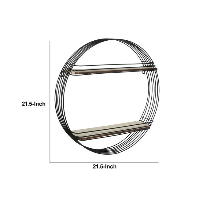 Metal Round Wall Shelf with 2 Tier Wooden Surface, Brown and Black