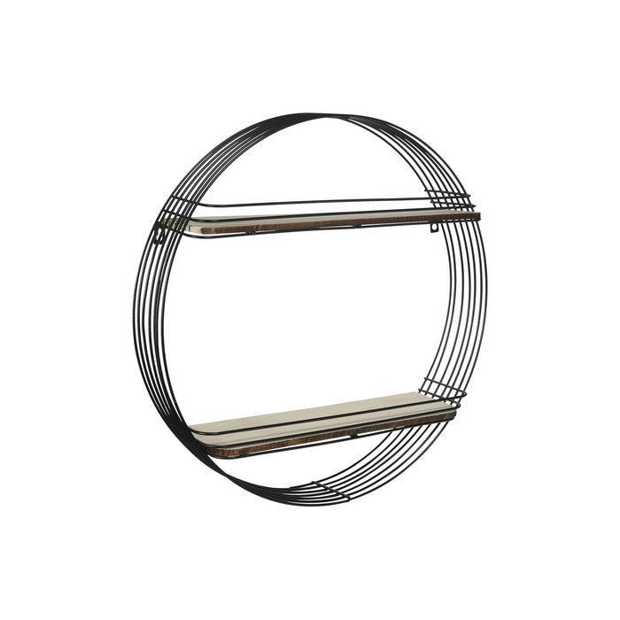 Metal Round Wall Shelf with 2 Tier Wooden Surface, Brown and Black