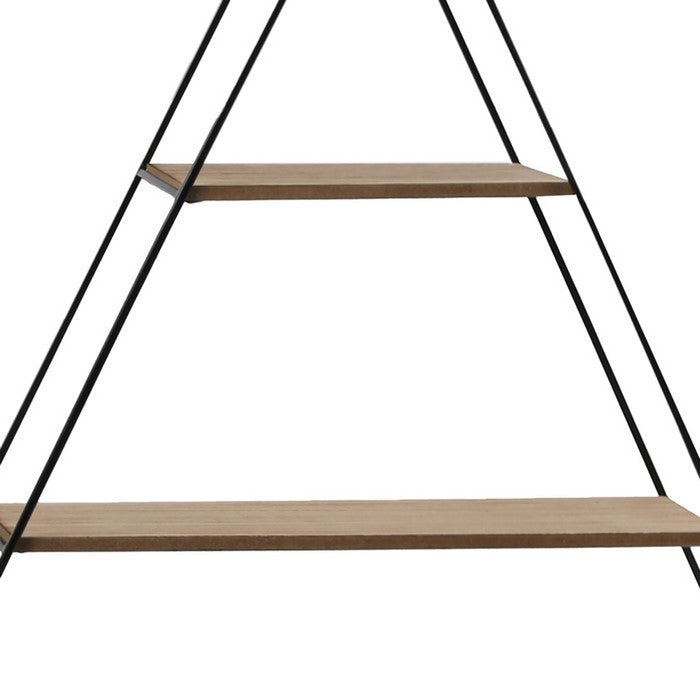 3 Tier Wooden Wall Shelve with Triangle Metal Frame, Brown and Black