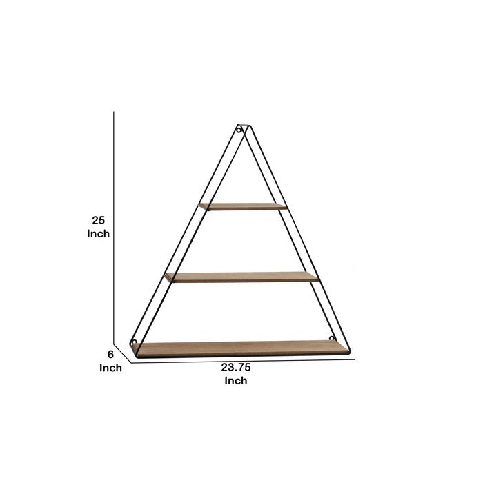 3 Tier Wooden Wall Shelve with Triangle Metal Frame, Brown and Black