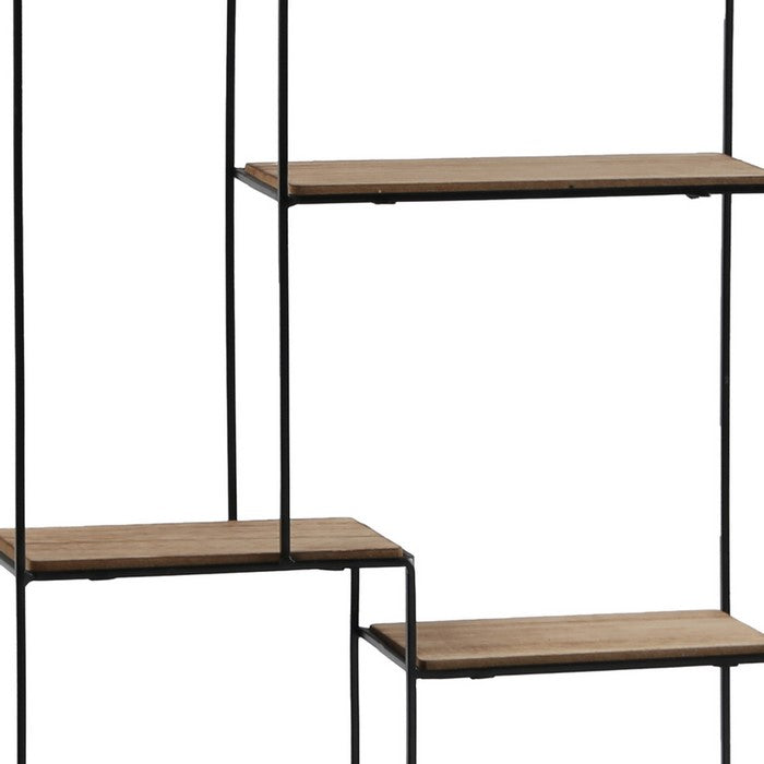 4 Tier Wooden Wall Shelf with Metal Frame and Key Hole, Brown and Black