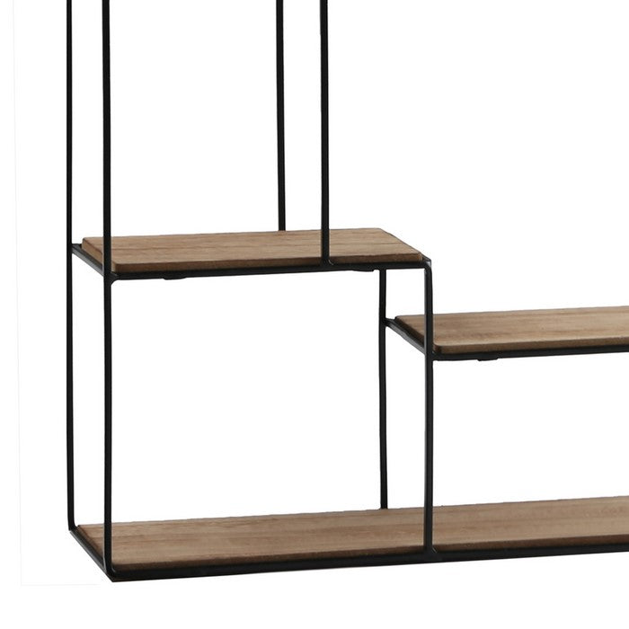 4 Tier Wooden Wall Shelf with Metal Frame and Key Hole, Brown and Black