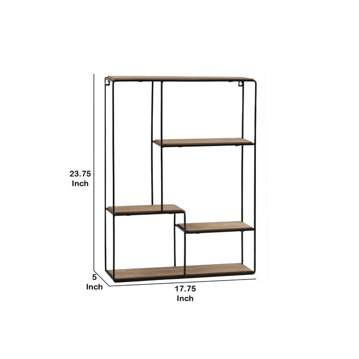 4 Tier Wooden Wall Shelf with Metal Frame and Key Hole, Brown and Black