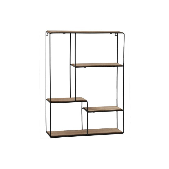 4 Tier Wooden Wall Shelf with Metal Frame and Key Hole, Brown and Black