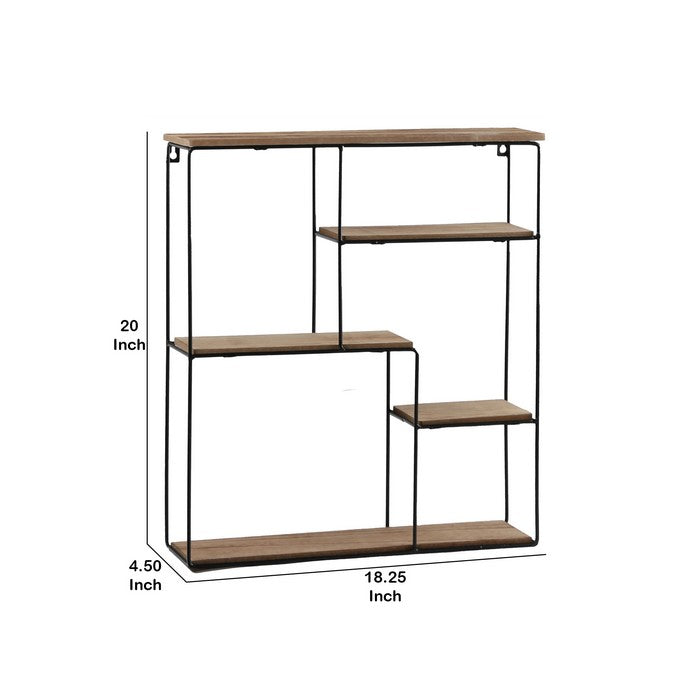 Transitional Style Wooden Wall Shelf with 4 Open Shelves, Brown and Black