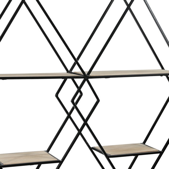 4 Tier Wooden Wall Shelf with Interlocking Diamond Frame, Black and Brown