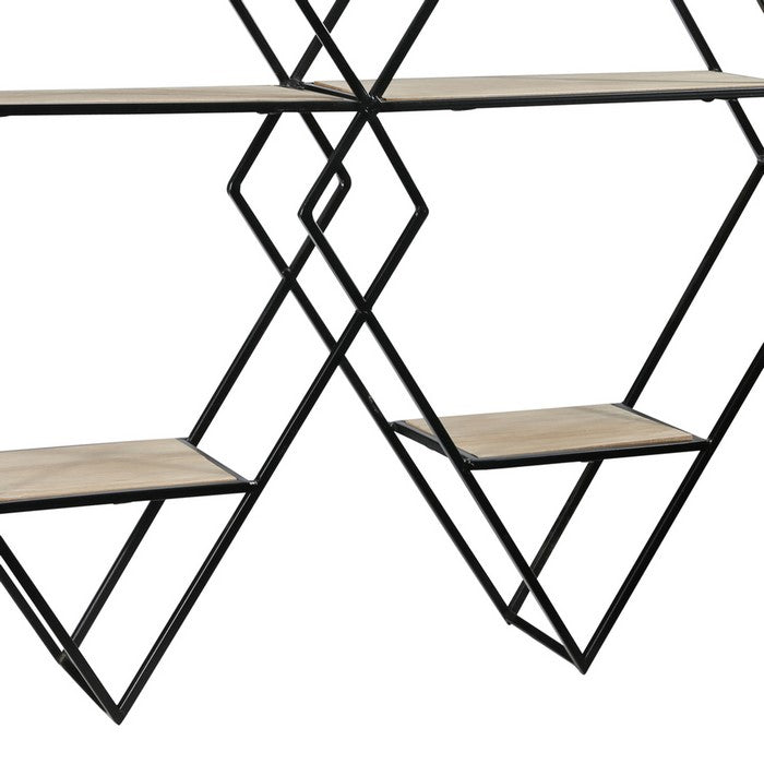 4 Tier Wooden Wall Shelf with Interlocking Diamond Frame, Black and Brown