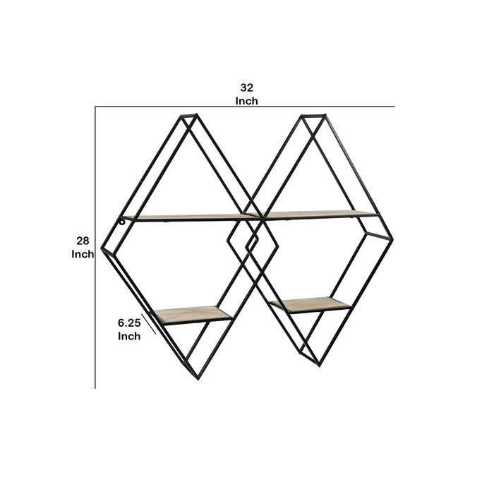4 Tier Wooden Wall Shelf with Interlocking Diamond Frame, Black and Brown
