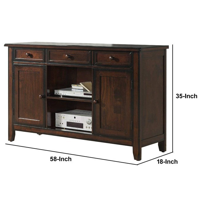 Wooden Server with Wine Rack and Chamfered Legs, Walnut Brown
