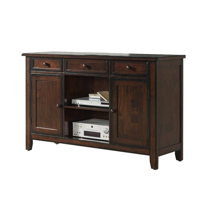 Wooden Server with Wine Rack and Chamfered Legs, Walnut Brown