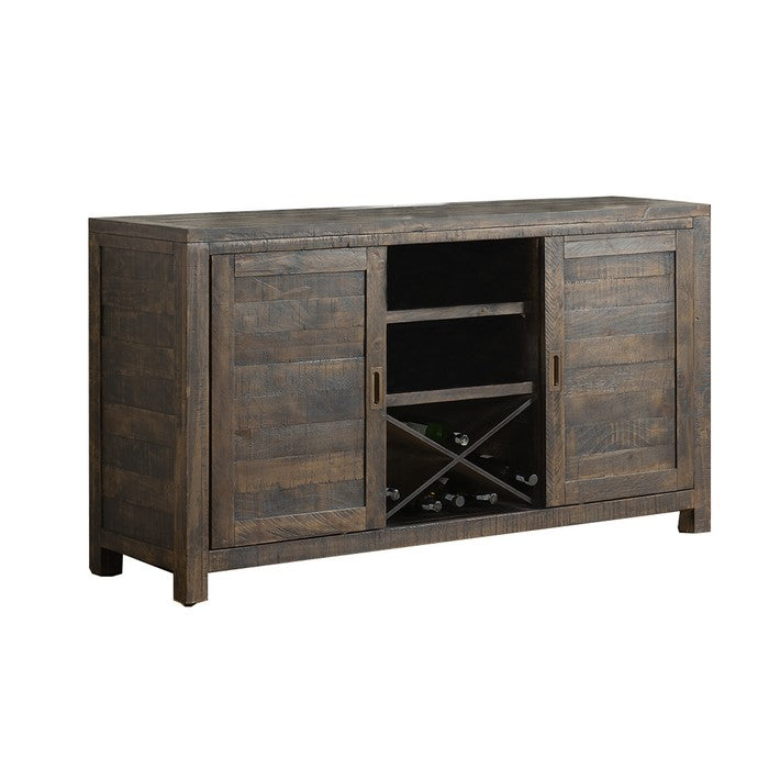 Plank Style Wooden TV Stand with Sliding Door and 2 Open Shelves, Brown