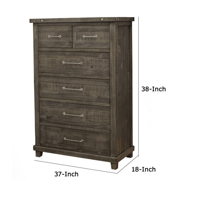 Wooden Chest with 6 Drawers and Metal Bar Handles, Gray