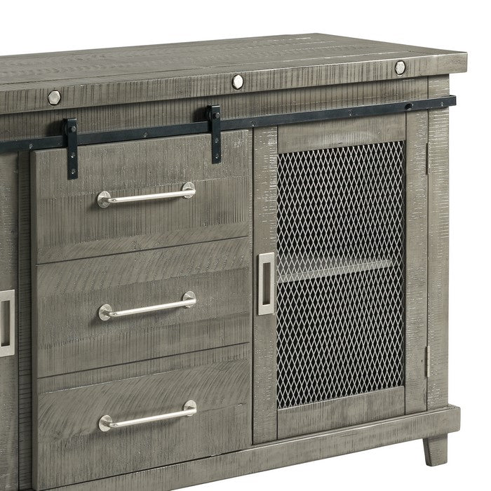 Mesh Design Wooden Server with Barn Sliding Door and 2 Cabinets, Brown