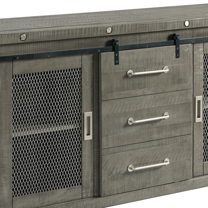 Mesh Design Wooden Server with Barn Sliding Door and 2 Cabinets, Brown
