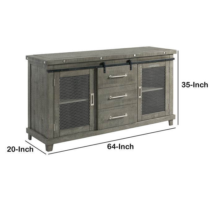 Mesh Design Wooden Server with Barn Sliding Door and 2 Cabinets, Brown