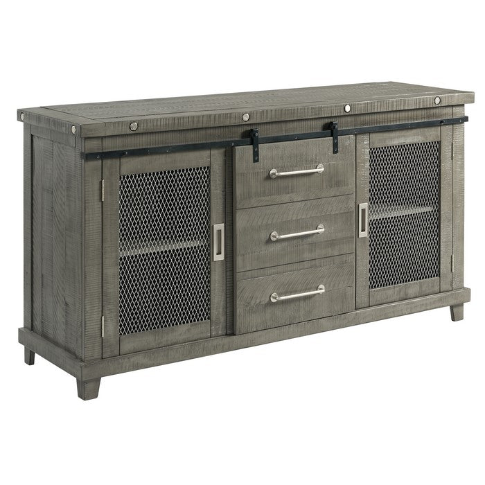 Mesh Design Wooden Server with Barn Sliding Door and 2 Cabinets, Brown