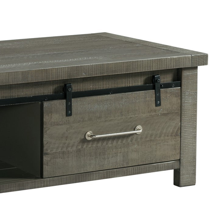 Wooden Cocktail Table with 2 Cabinets and Sliding Barn Door, Gray