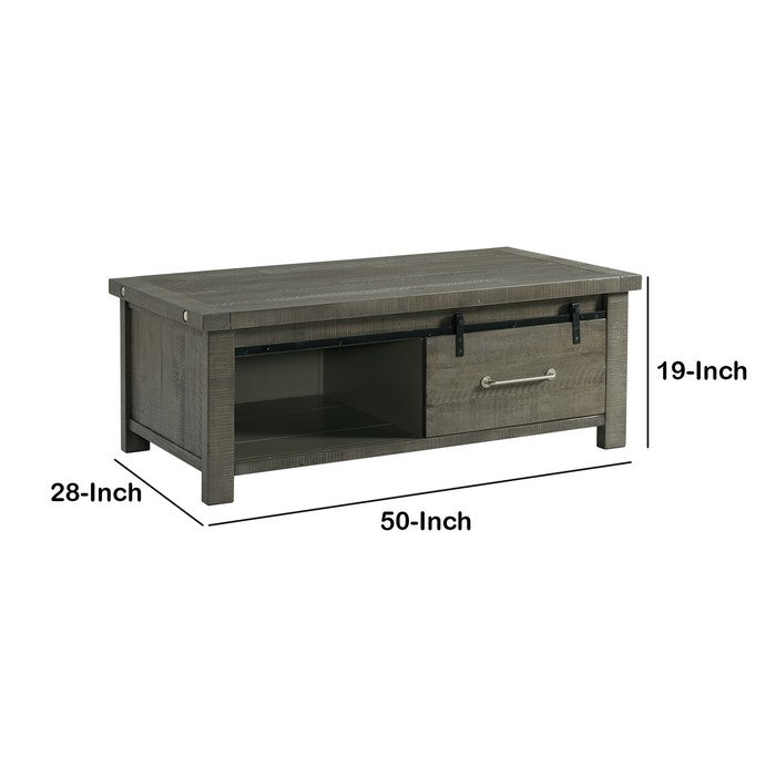 Wooden Cocktail Table with 2 Cabinets and Sliding Barn Door, Gray