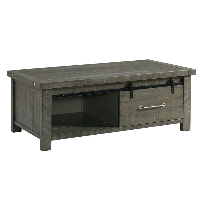 Wooden Cocktail Table with 2 Cabinets and Sliding Barn Door, Gray