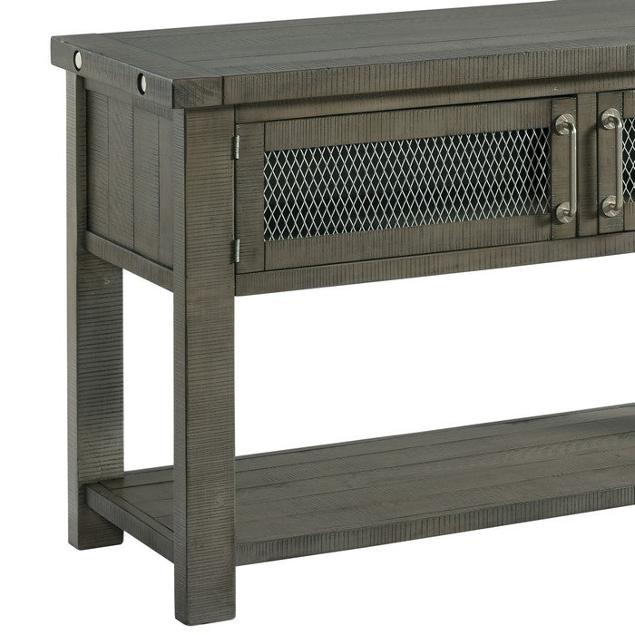 Wooden Sofa Table with 2 Doors and Open Bottom Shelf, Gray