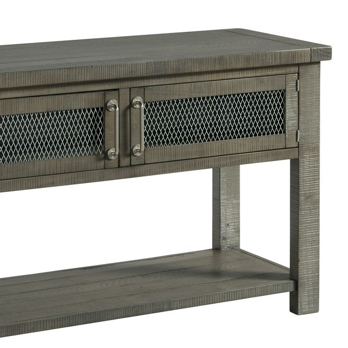 Wooden Sofa Table with 2 Doors and Open Bottom Shelf, Gray