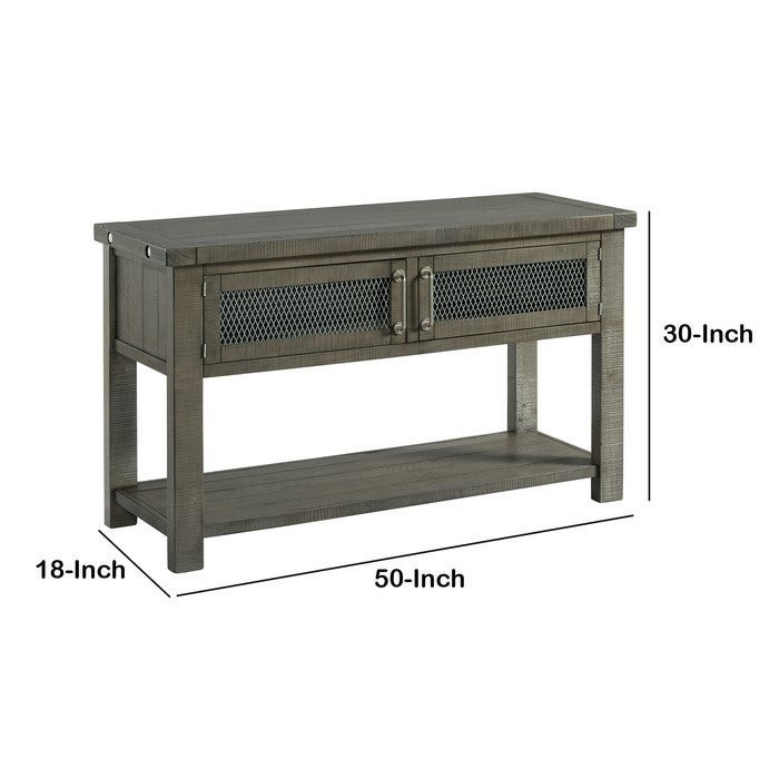 Wooden Sofa Table with 2 Doors and Open Bottom Shelf, Gray