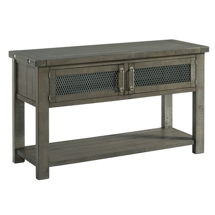 Wooden Sofa Table with 2 Doors and Open Bottom Shelf, Gray