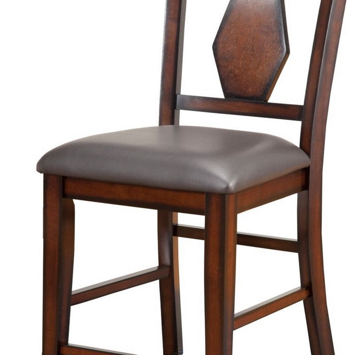 Wooden Pub Chair with Padded Seat and Fiddle Back, Set of 2, Brown and Gray