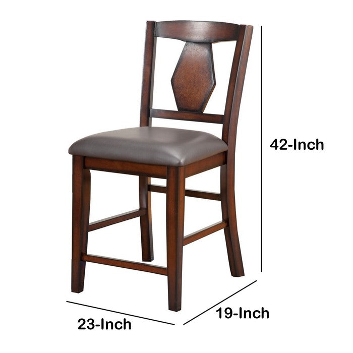 Wooden Pub Chair with Padded Seat and Fiddle Back, Set of 2, Brown and Gray